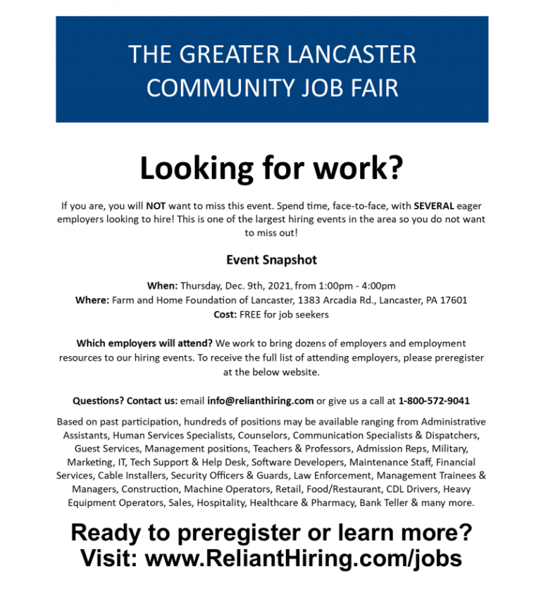 The Greater Lancaster Community Job Fair Dec. 9th See More Details